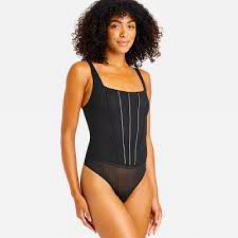 Auden Black Rhinestone Lingerie Bodysuit Sheer Mesh Adjustable Straps XS NWT